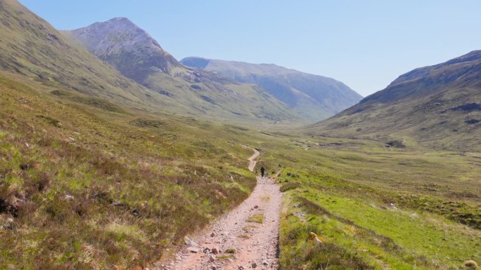 西高地徒步小径延伸到远处，郁郁葱葱的绿草，万里无云的天空，连绵起伏的丘陵，苏格兰