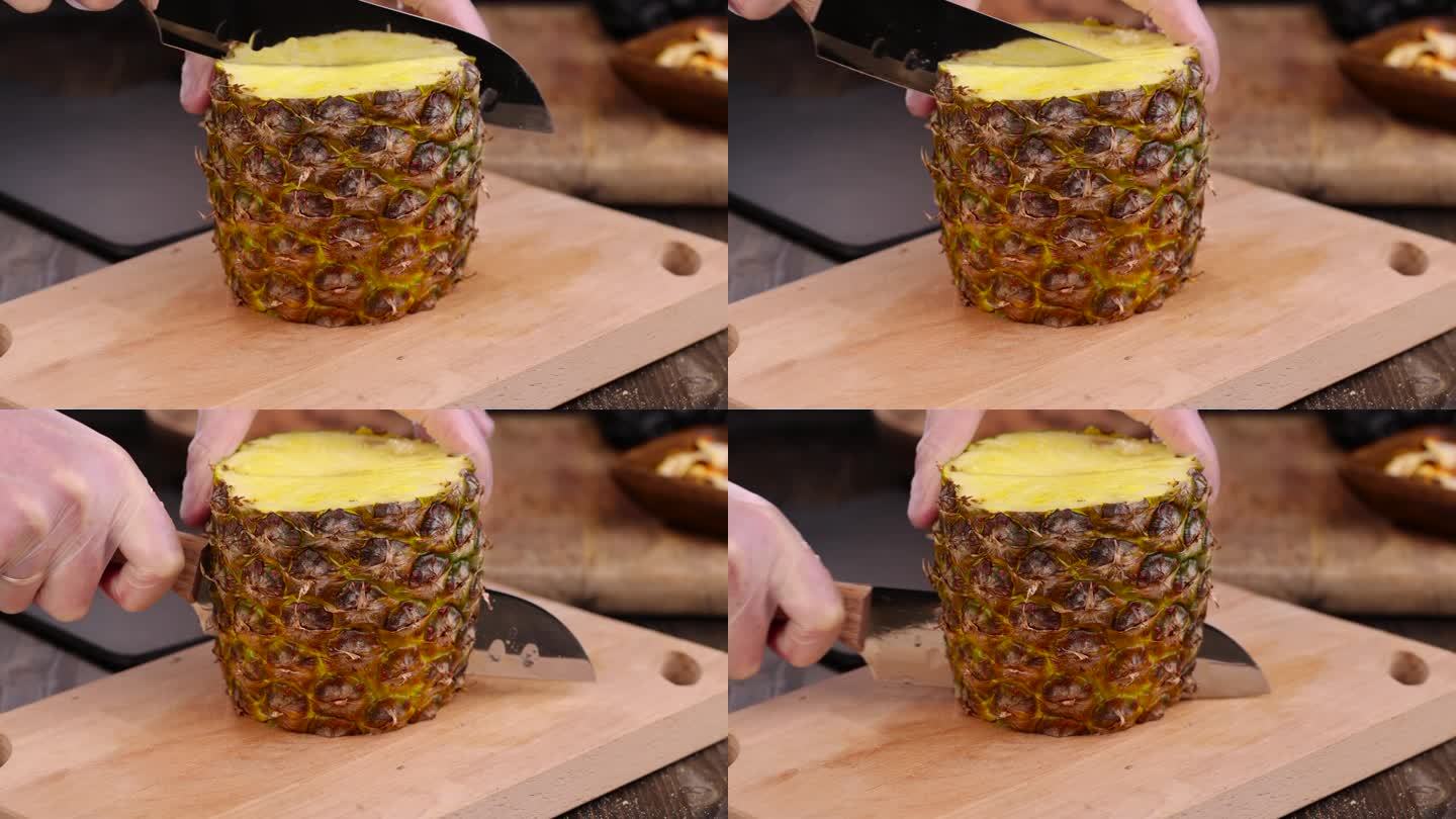 切成片美味的熟菠萝黄，凑近看