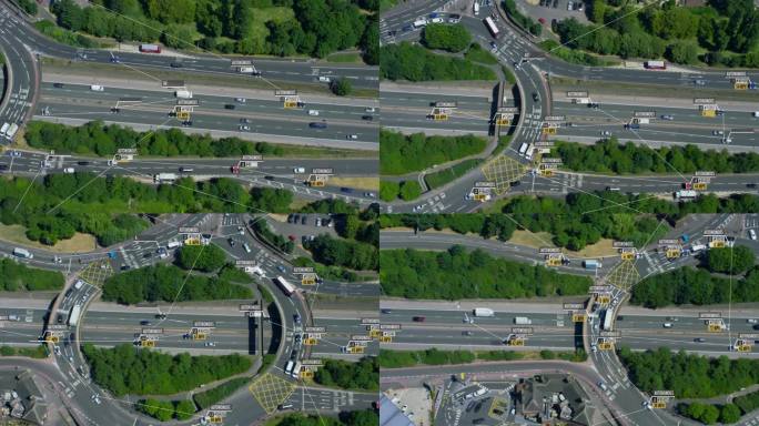 互联无人驾驶或自动驾驶汽车鸟瞰图。经过高速公路的车辆。小车和速度信息显示。未来的交通工具。物联网。人