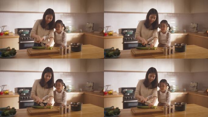 美丽年轻的韩国母亲教她可爱的小女儿如何做饭的慢动作。母亲和女孩子花时间在一起，学习如何安全使用菜刀