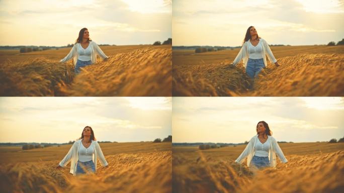 快乐的女人走在麦田里，在农场享受日落