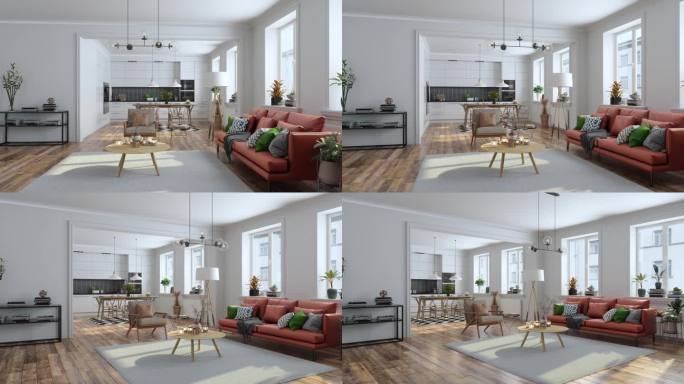 现代客厅室内配有沙发，扶手椅，室内植物，餐桌和开放式厨房