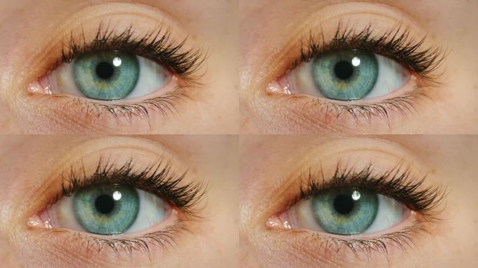 女人的脸，蓝色的眼睛和焦点，视力和隐形眼镜看，眼睛保健和健康。放大微距人像眨眼，观看验光测试在感知，