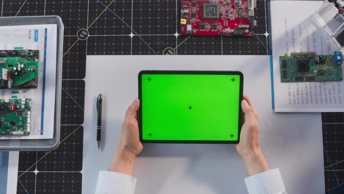创意工程师拿着绿屏模拟显示器的平板电脑，上面放着微电子元件。视频模板数字演示，工业内容创作和通信