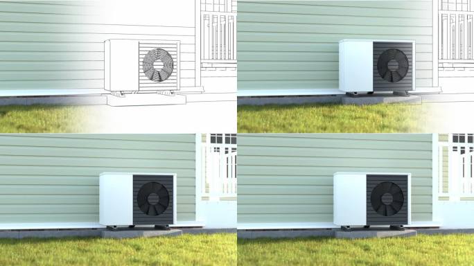 安装热泵概念:从工程图纸到现实场景的动画过渡，热泵与旋转风扇安装在房子外面的混凝土基础上。
