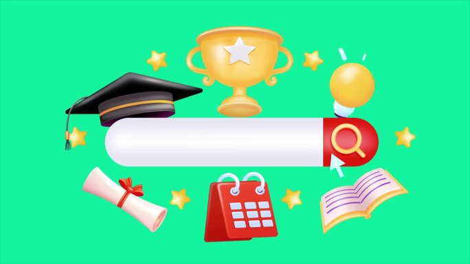 在线教育，3d动画搜索栏包围的教育元素，如毕业帽，奖杯，日历证书，灯，星星和书籍