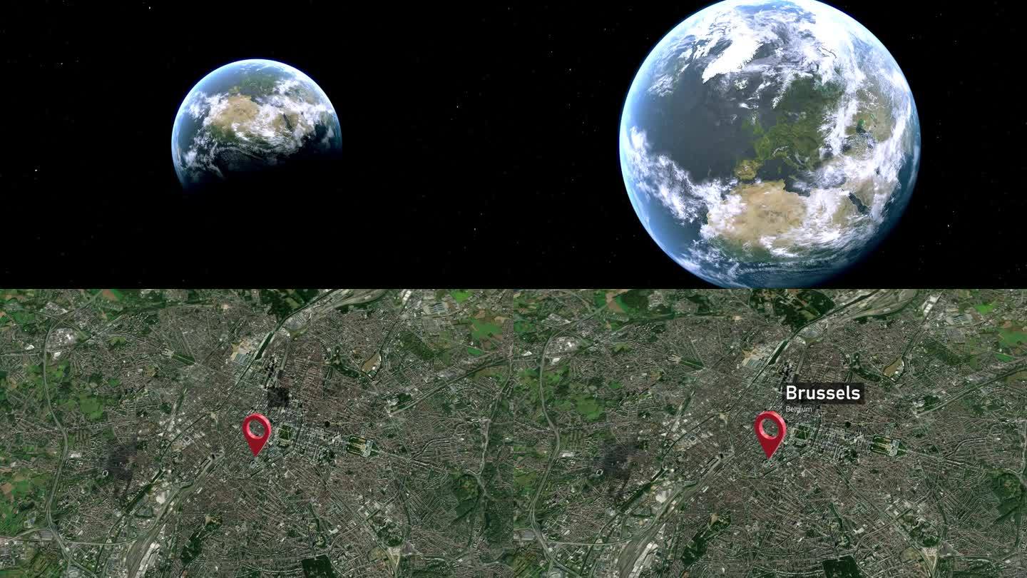 布鲁塞尔城市地图从太空到地球缩放，比利时