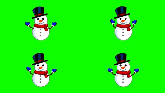 动画雪人与绿色背景，圣诞节，2d动画，艺术。