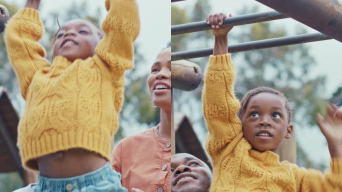 周末，年轻快乐的黑人家庭在公园里玩攀爬架。