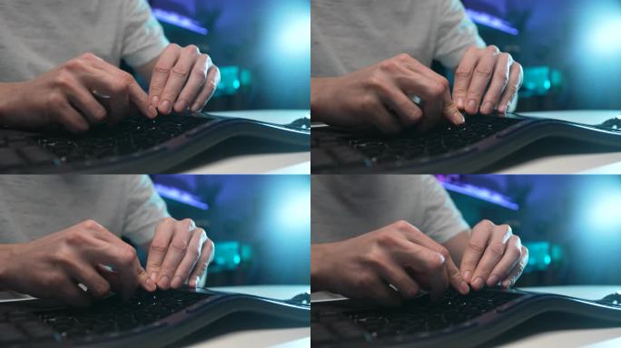 特写镜头，不认识的技术人员男性组装拆卸键盘后，清理污垢。PC用户清洗后插入键盘键。