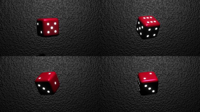 黑色背景上的无缝循环红色骰子旋转。红色骰子过渡，魔鬼的骨头，过渡，赌场，骰子旋转
