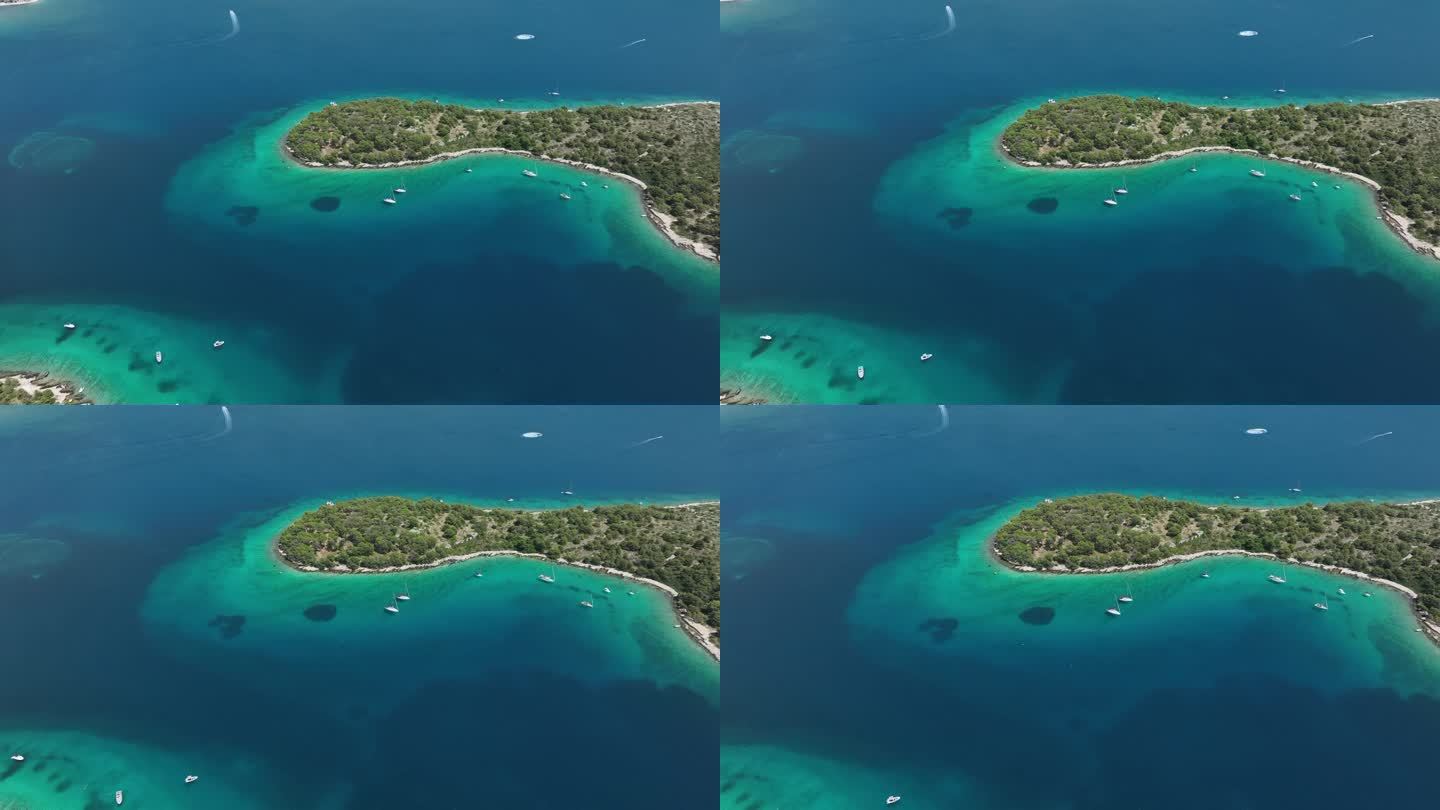 克罗地亚海岸线和岛屿的空中无人机视图，清澈的海水和郁郁葱葱的绿色植被