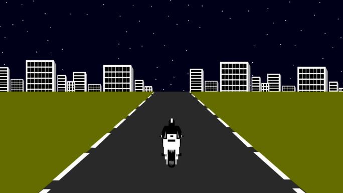 老式赛车摩托车游戏的动画视频在16位风格的夜间，街机，像素艺术，2d。