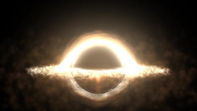 明亮的黑洞在开放空间与旋转的能量粒子，宇宙球在黄色发光的抽象背景