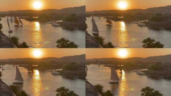 在埃及的阿斯旺，尼罗河上美丽的风景和三桅帆船