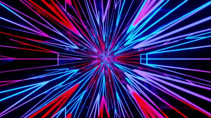 黑暗中蓝色和红色光的抽象隧道。循环动画