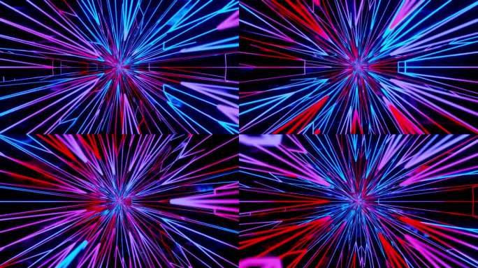 黑暗中蓝色和红色光的抽象隧道。循环动画