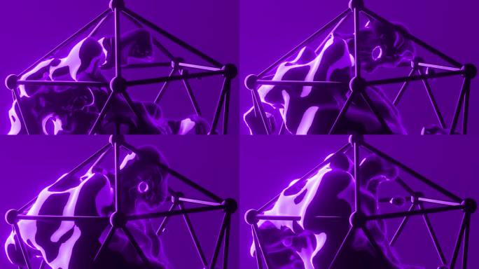 抽象的紫色金属光泽形状动画。六角形铁笼内的3d插图
