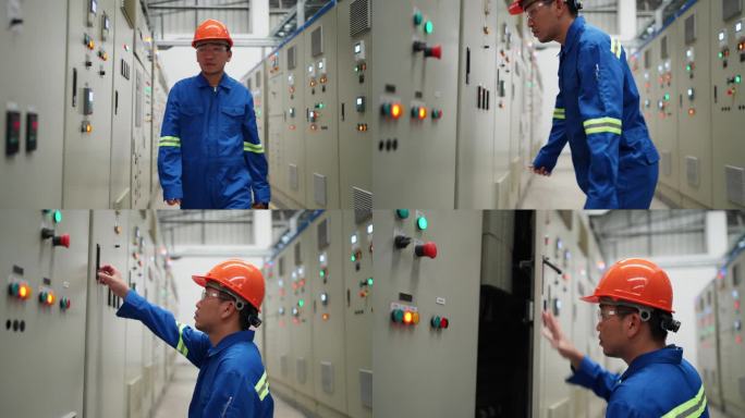 电气工程师在工厂内打开电控箱进行预防性维护。科技、产业与主动关怀的精髓。工程师在系统配置和配电板管理