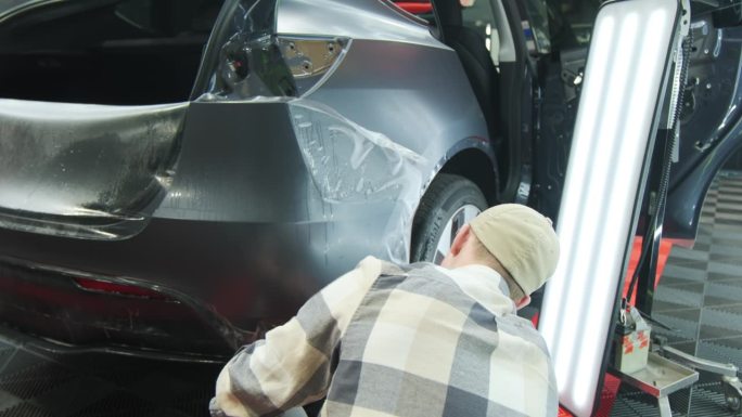 将PPF保护膜涂在汽车上的过程。在汽车上涂保护膜的工人。