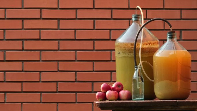 苹果酒。瓶中的苹果酒泡沫，发酵。苹果麦汁在发酵罐中，有一个原始的气锁。农民在家酿造苹果酒，户外特写