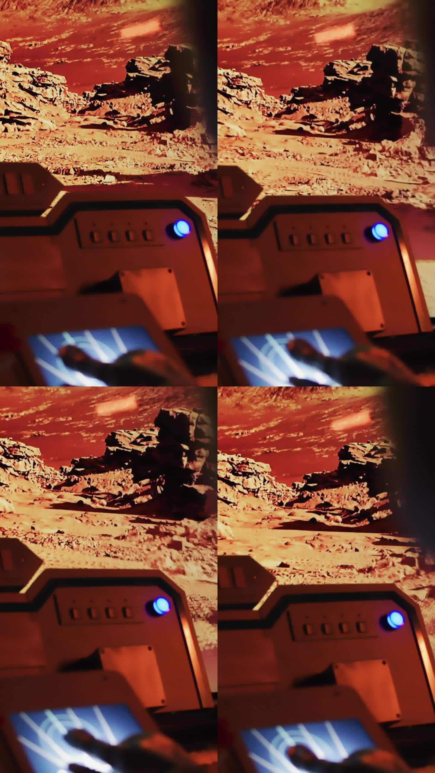红色星球火星表面探测。驾驶员的POV宇航员驾驶晃动的火星探测器在岩石表面垂直视频