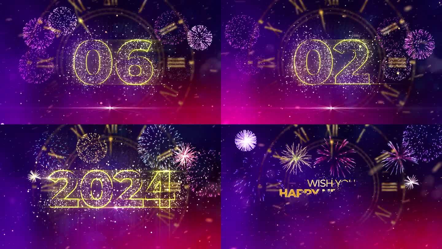 新年倒计时，2024年新年快乐，金色颗粒，新年问候，烟花