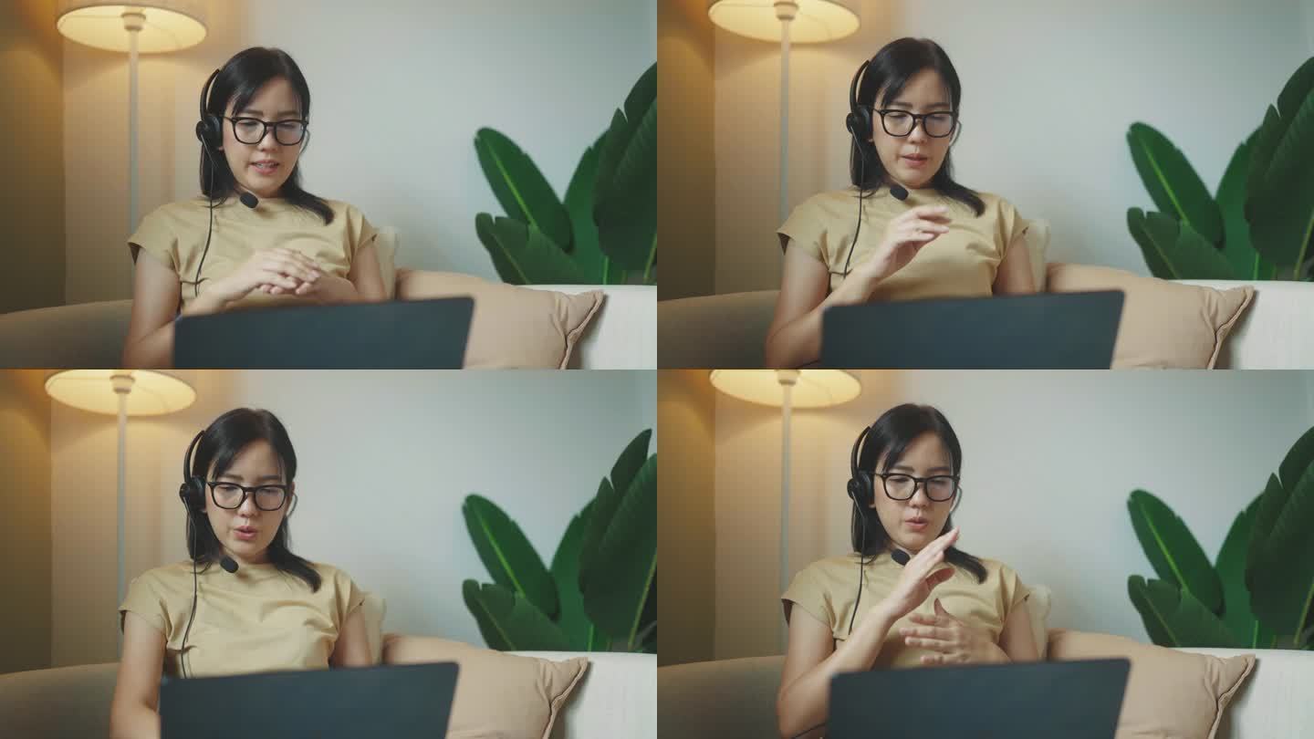 年轻的亚洲女性在家用笔记本电脑工作。她正在家庭办公室计划新想法或从事新项目