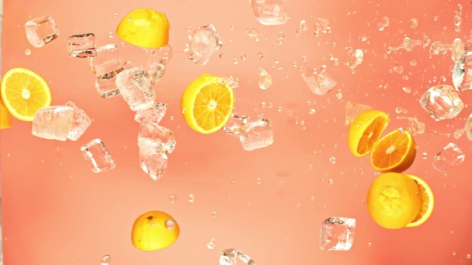 新鲜多汁的橙子和果汁，冰块和水滴飞溅倒在超级慢动作1000 fps。柑橘橙片和冰块飞或落在粉红色的背