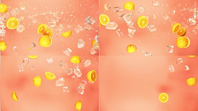 新鲜多汁的橙子和果汁，冰块和水滴飞溅倒在超级慢动作1000 fps。柑橘橙片和冰块飞或落在粉红色的背