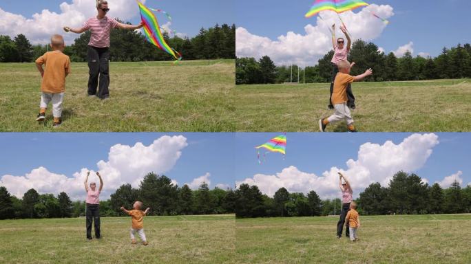 妈妈和儿子在玩风筝