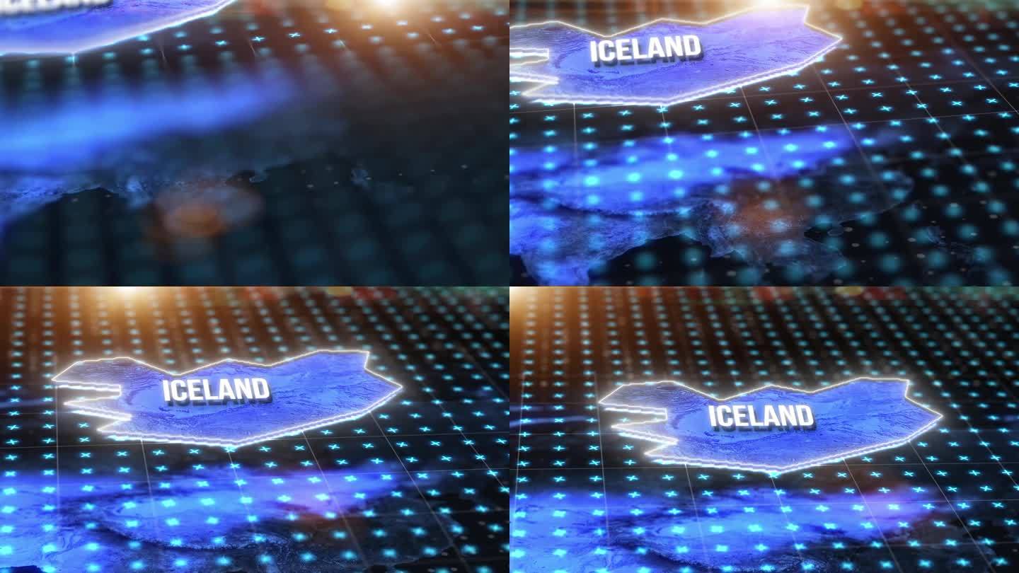 数字地图，国家位置和冰岛的全息图与蓝光，gps pin和3d渲染。雷达、虚拟现实或坐标模拟的全球位置