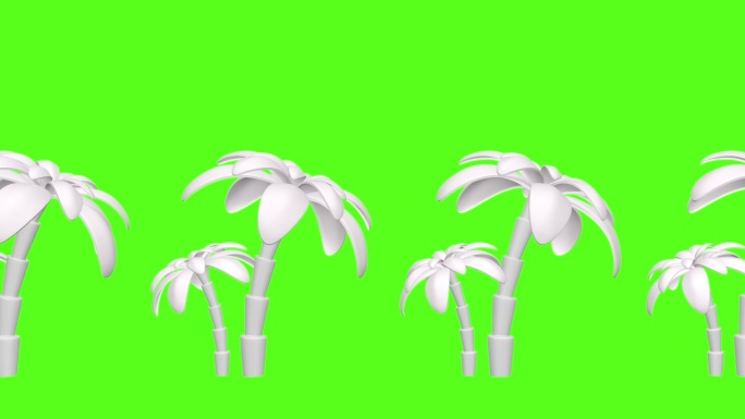 背景是绿色背景上的白色棕榈树，向右移动。循环3D动画。夹。明亮的夏日背景。