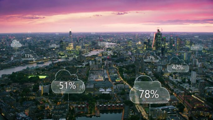 未来的伦敦鸟瞰图。智能城市。网络连接和带有百分比的云计算图标。技术理念、数据通信、人工智能、物联网。