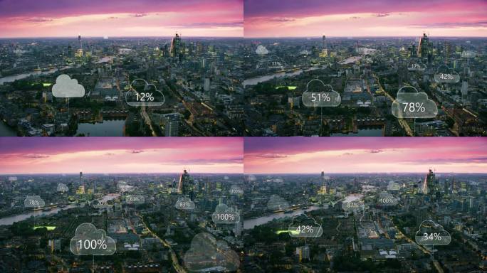 未来的伦敦鸟瞰图。智能城市。网络连接和带有百分比的云计算图标。技术理念、数据通信、人工智能、物联网。