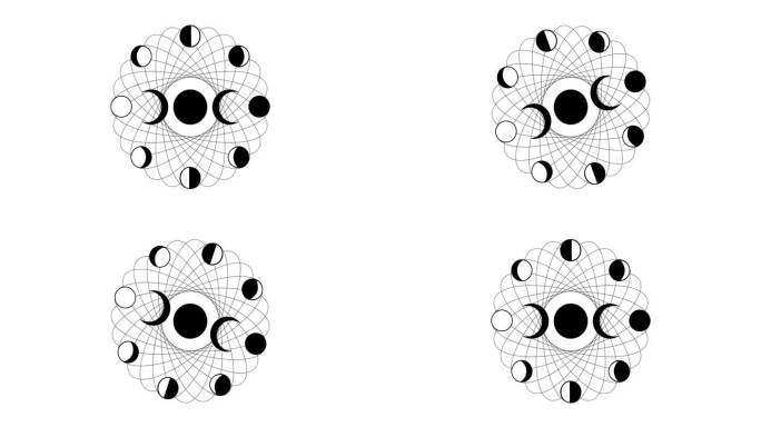 月相动画在轨道圆，三重女神，新月，精神曼陀罗，神圣的几何。巫术轮符号，视频说明月球系统孤立的白色背景