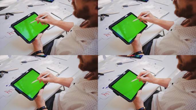 设计师用触控笔在色度键平板电脑屏幕上绘图