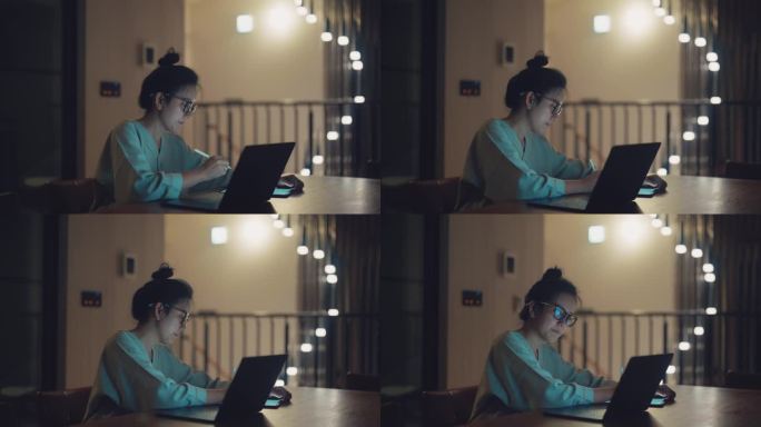 亚洲女商人使用笔记本电脑和平板电脑进行在线学习和夜间工作。