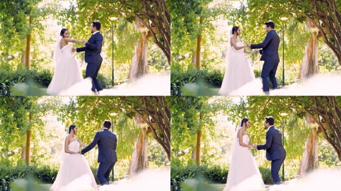 婚礼，新娘和新郎在户外花园一起跳舞或搞笑，在传统的仪式后跳舞。快乐，庆祝和关系与已婚夫妇在公园里玩得