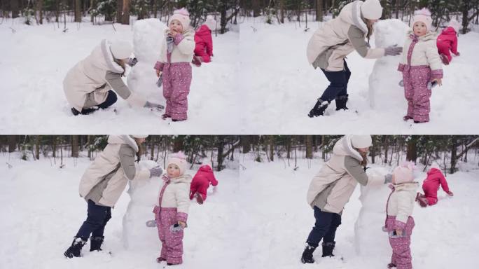 爸爸妈妈在堆雪人，小女孩在吃雪。