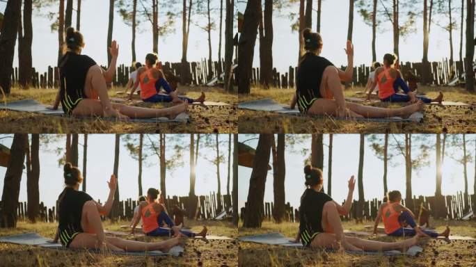 上午松林集体瑜伽训练，女性做体式伸展美体