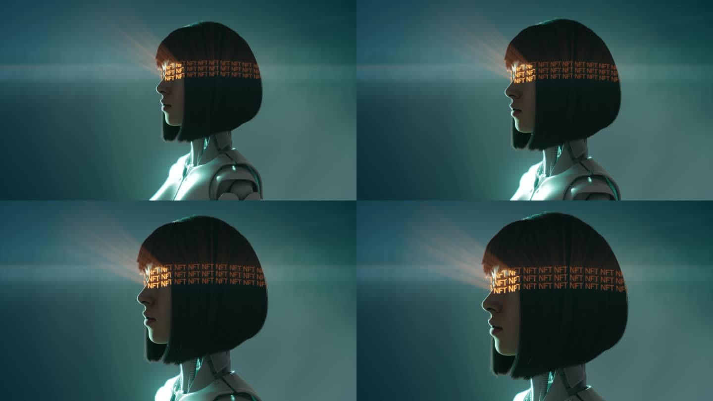 霓虹灯“nft”在半机械人女孩眼前的空中移动