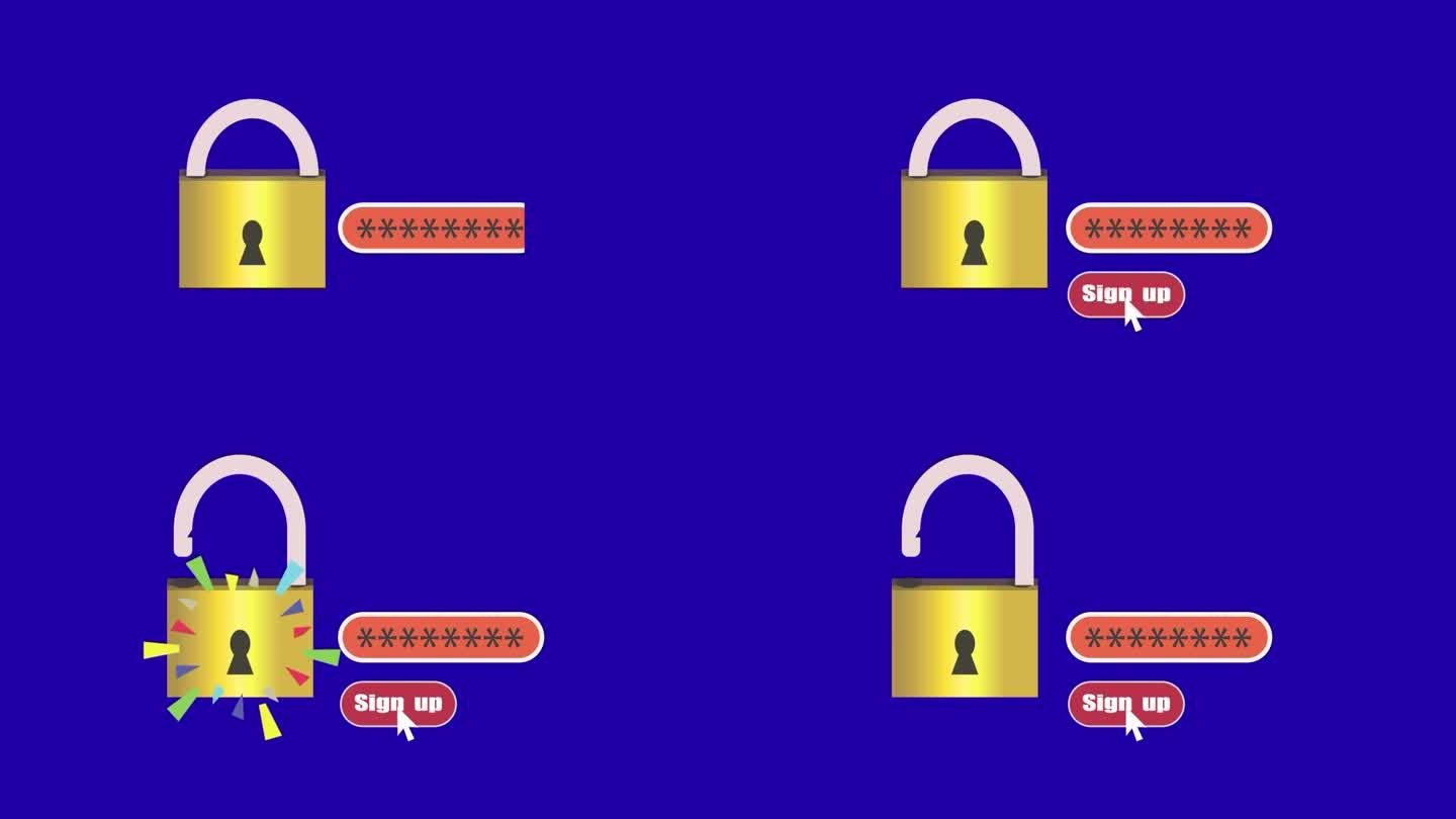 一个锁打开，给出密码，点击注册'按钮动画与蓝色背景。a_127