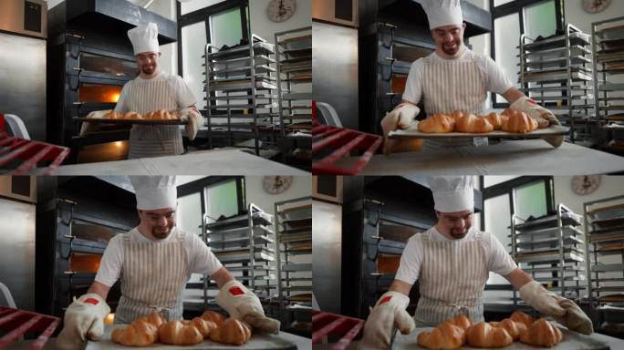 患有唐氏综合症的年轻面包师在面包店准备糕点的视频。残疾人融入社会的概念。