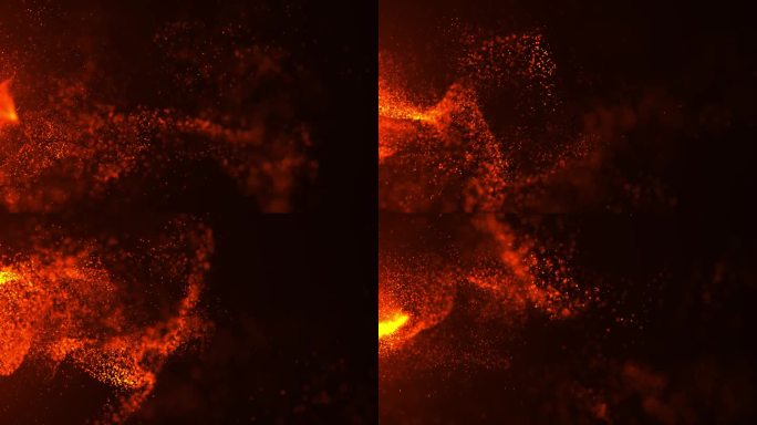 燃烧的火花的火，爆炸的火粒子，火焰与惊人的飞煤，运动的抽象的火热发光热粒子在一个黑色的背景。无缝循环