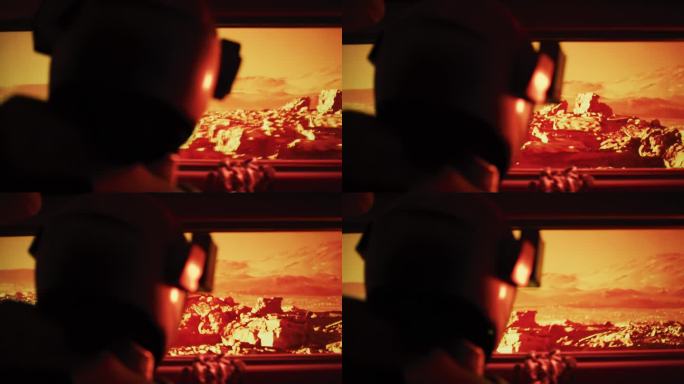 摇摇晃晃的火星探测器在红色星球火星表面旅行。宇航员望向窗外，看到贫瘠的景色