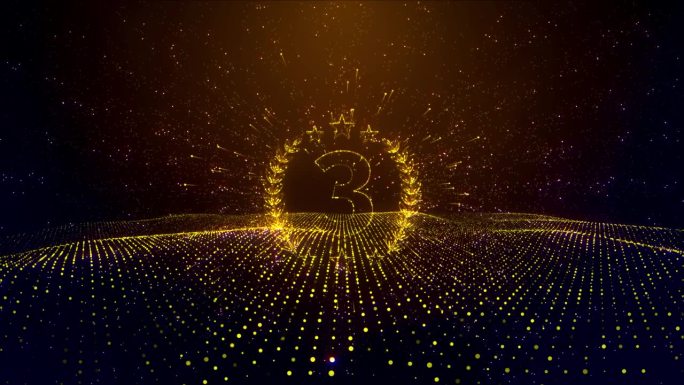 摘要庆祝金棕色奖三号符号虚线粒子空间运动揭示效果与波浪点地板图案