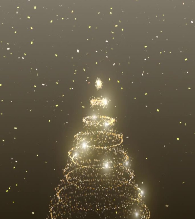 金色环亮圣诞树与五彩纸屑运动垂直动画背景。