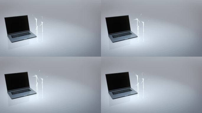 笔记本电脑与风力涡轮机的绿色清洁能源生产镜面白色表面。概念，能量转换3d动画渲染