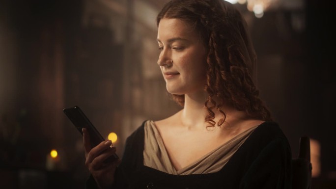 过去遇见现在的概念:文艺复兴时期的美丽年轻女子在古董室内使用智能手机。现代科技让历史人物保持联系成为
